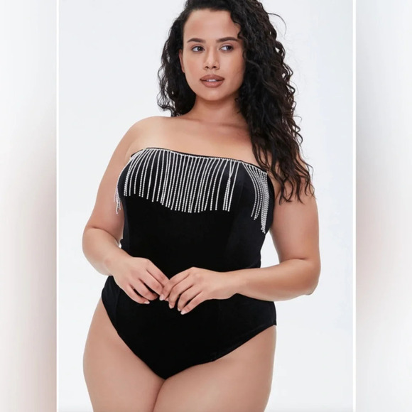 Velvet Strapless Bodysuit with Rhinestone Fringe Vegas Western Cowgirl Plus Size - Picture 1 of 12